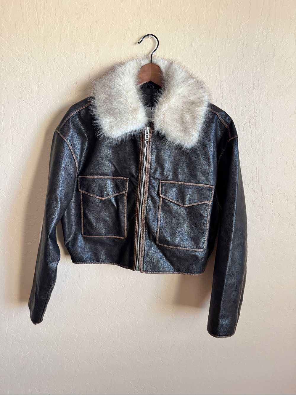 Women's Brown Vegan Leather Jacket with Cream Removable Fur Collar
